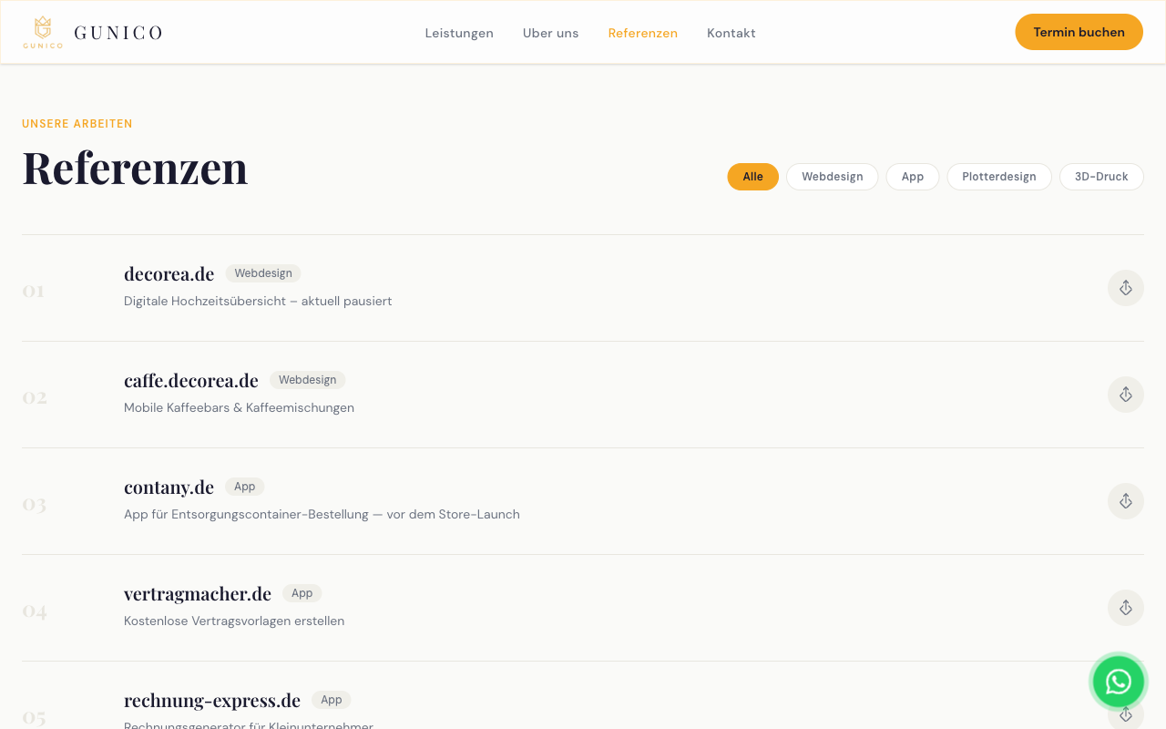 Referenzen-Sektion von gunico-crown.de mit echten, benannten Kundenprojekten und Filtertabs