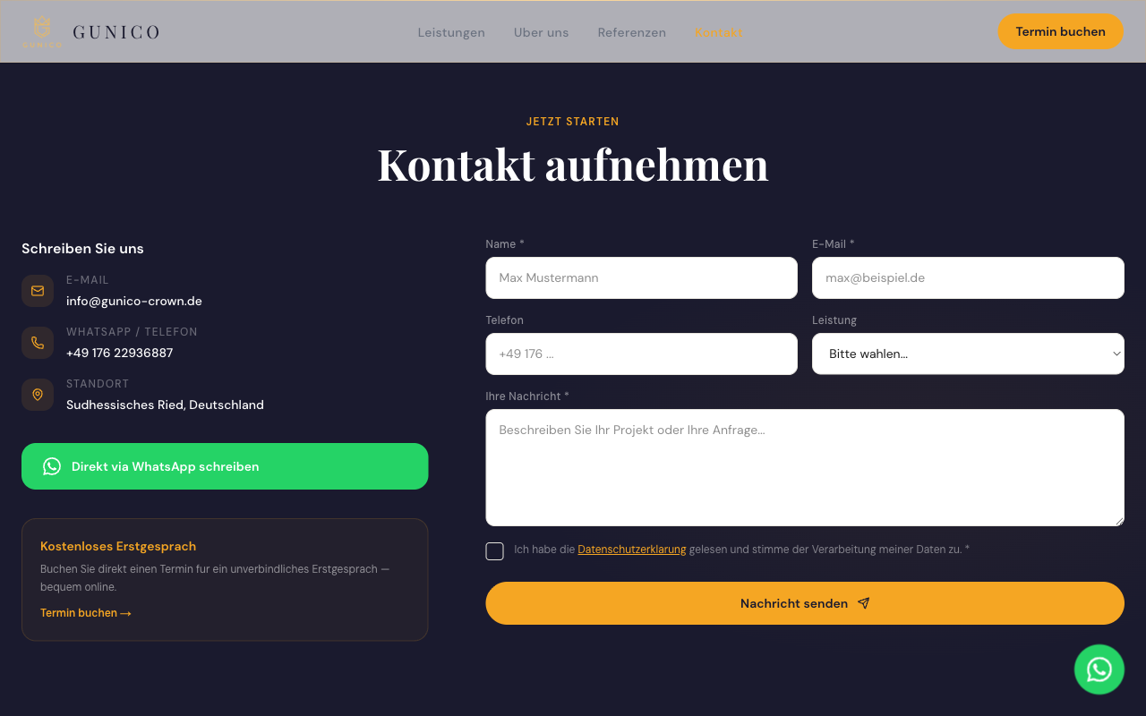 Kontakt-Sektion von gunico-crown.de mit WhatsApp-Button, kostenlosem Erstgespräch und Kontaktformular